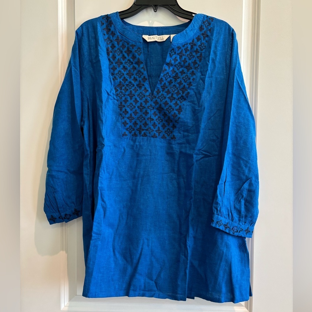 Boho Embroidered Blue Tunic Top NWT Large Peasant Blouse